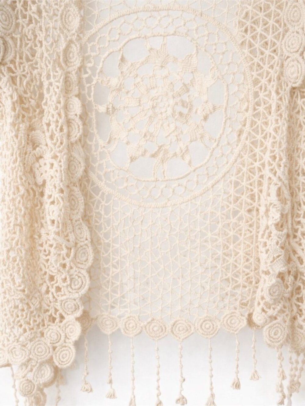 Crochet Lace Kimono Vest Cream Fringe Festival Cover Up M - Picture 4 of 4